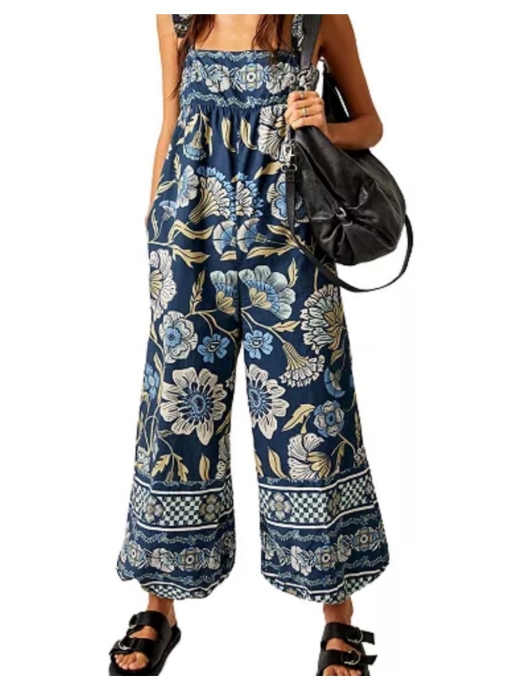 Free People Bali Blue Floral Jumpsuit Medium 100% Cotton